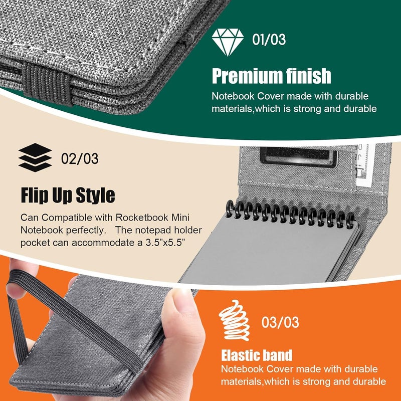 Plinyvel Notebook Cover for Rocketbook Mini & Field Notes Top Spiral (3.5"x5.5") - Durable Waterproof Case with Pen Holder & Card Slot, Power User Productivity Kit (Gray) - Image 5